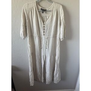 Marianne Dress Womens Extra Large‎ Beige Boho Crinkled Drawstring Vneck Chic